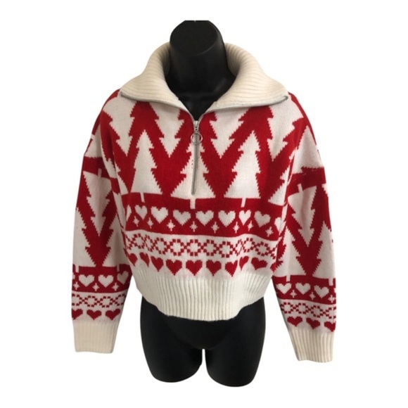 Jessica‎ Simpson red white pine hearts zip front pullover sweater size Small - Picture 3 of 17